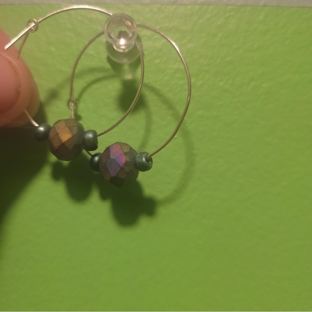 New Handmade Iridescent Glass Beads On Silver Colored Hoop Earrings Gift Boxed - Picture 2 of 9